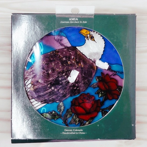 Amia Round USA Bald Eagle Red Rose Hand Painted Glass Sun Catcher NIB - Picture 8 of 8